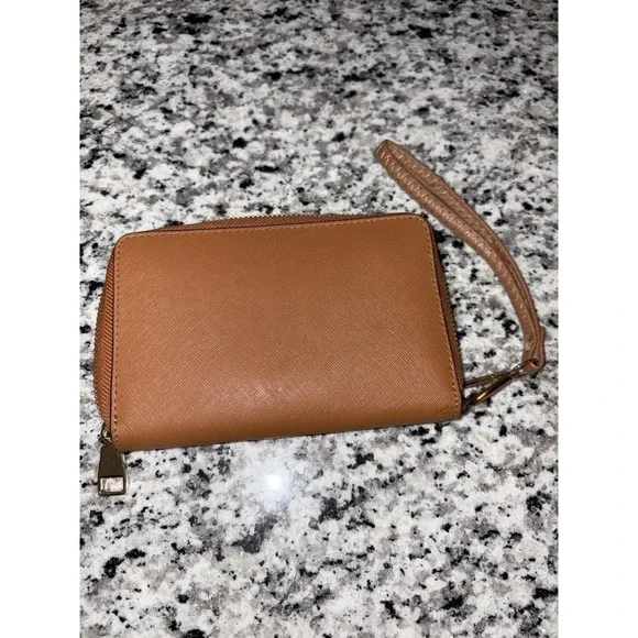 Tory Burch Leather Wallet Wristlet Tan Brown Zip Around Clutch Logo Pouch - Picture 5 of 12